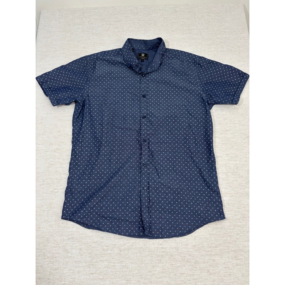 Steel & Jelly Button Down Men Size L Blue Fair Short Sleeve Cross Print Shirt